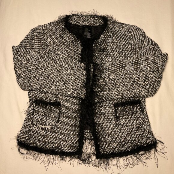 Zara Women Fringe Edges Textured Blazer Size 10 Black Cream - Picture 1 of 12